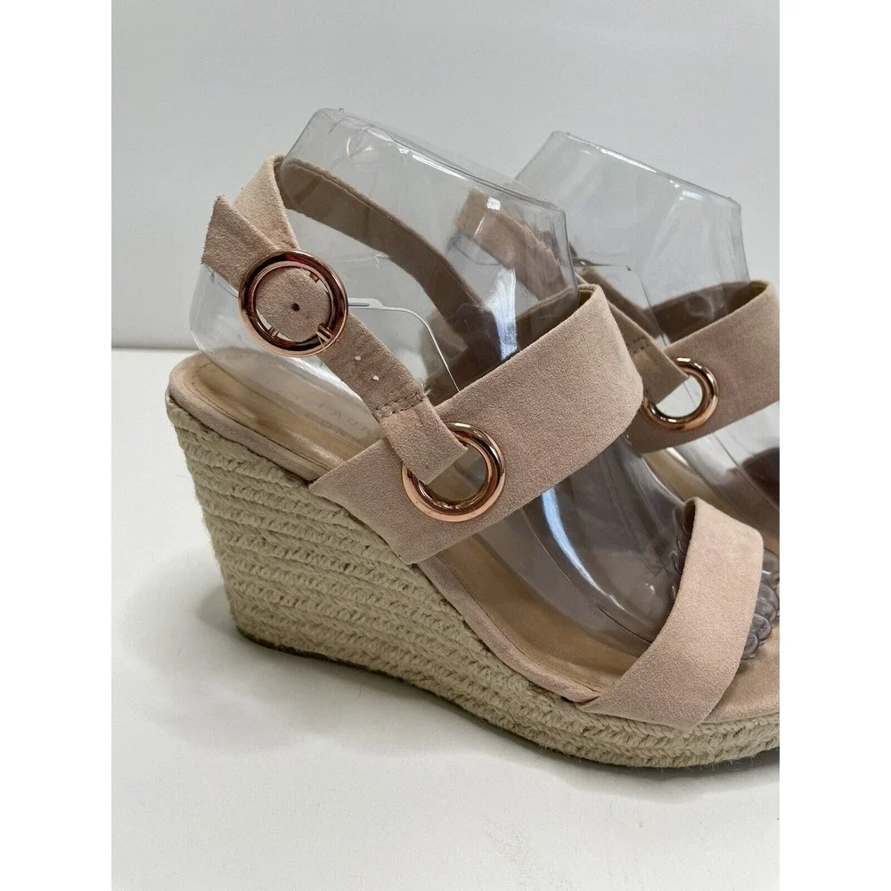Open Toe Heal Sandals Shoes Beige Pink Espadrille Wedge Strap 7.5 Summer Wedding
